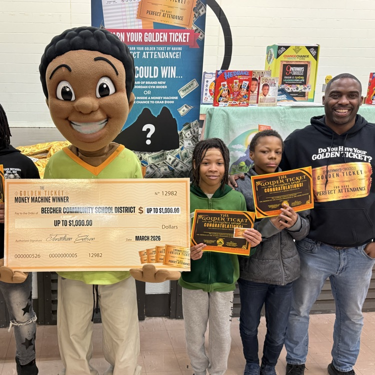 Mr. Edison, Students and Character John John holding Golden Ticket certificates and a big check 