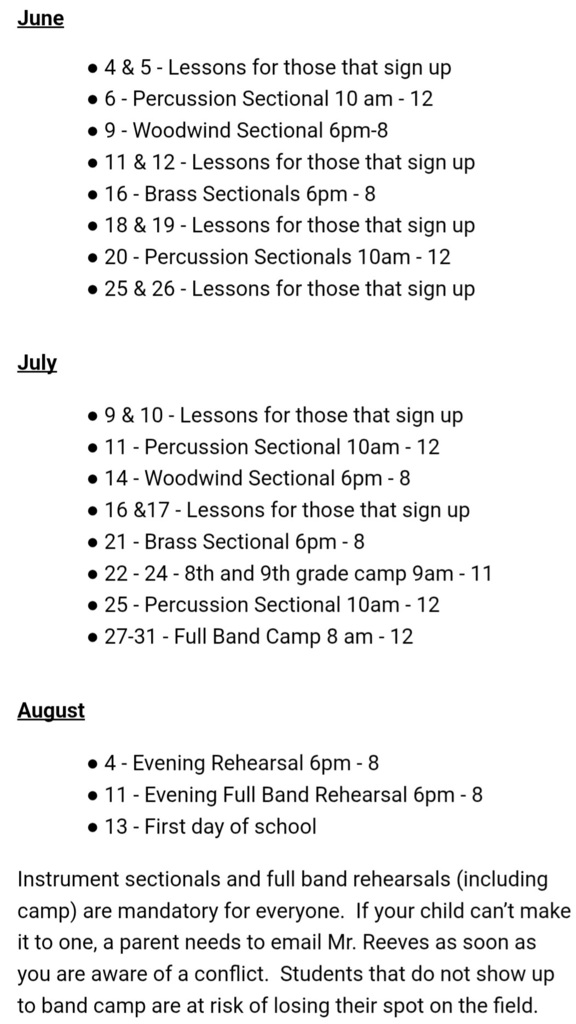 2026 Summer Band Schedule