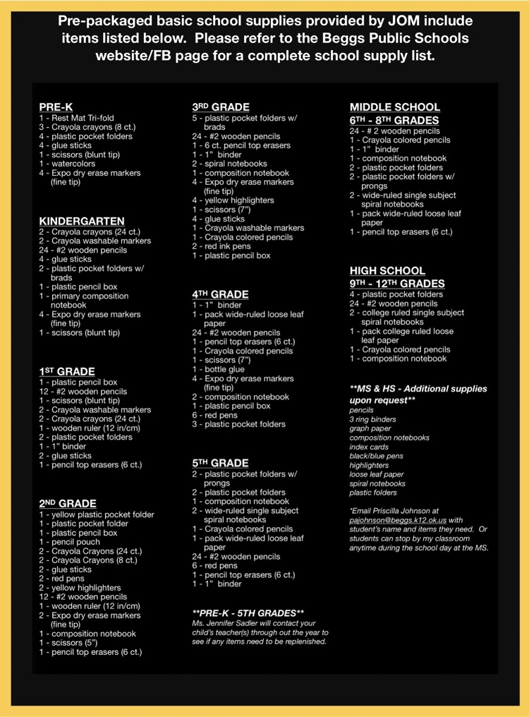 JOM School Supply List