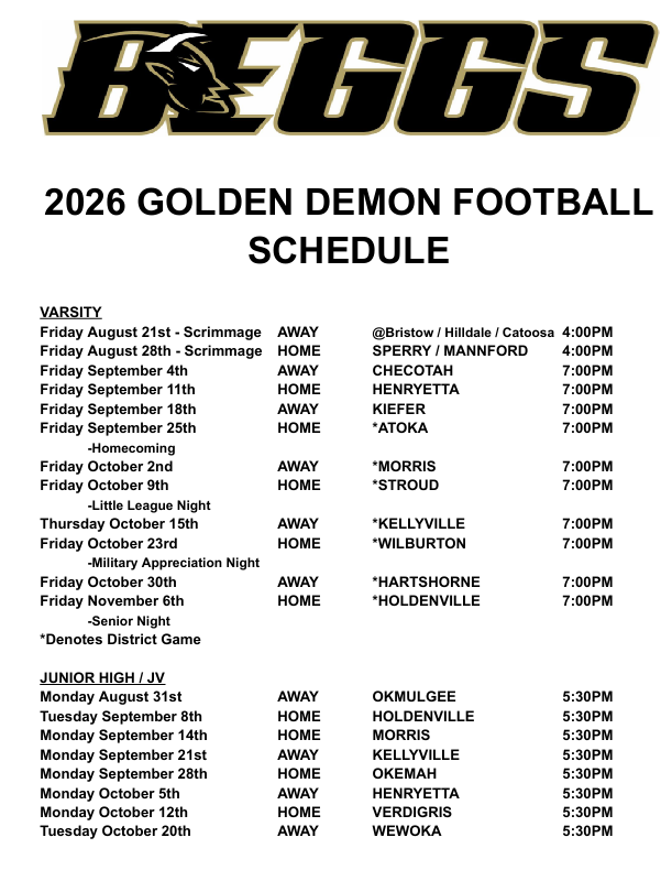 Beggs Golden Demons 2026 Football Schedule 