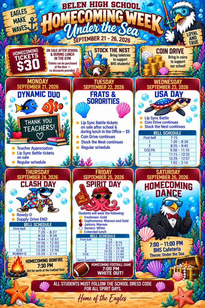 Homecoming one pager with spirt days, schedules, and information for the week