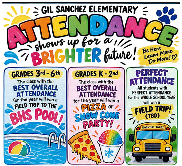 CLASS ATTENDANCE PRIZES Grades 3rd—6th: The class with the best overall class attendance for the school year will win a field trip to the BHS Pool! Grades Kinder—2nd: The class with the best overall class attendance for the school year will win a Pizza Or Snow Cone Party! PERFECT ATTENDANCE PRIZE: Students who have perfect attendance for the entire school year will earn a special field trip!