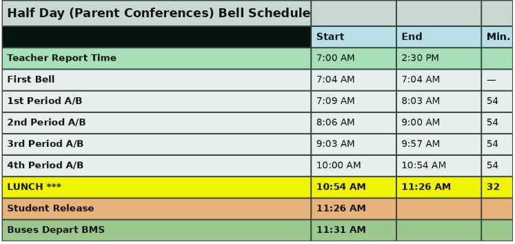 PTC Half Day Bell Schedule