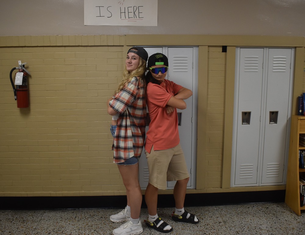 Seniors Rachel and Marley show school spirit by dressing up for Frat Day 