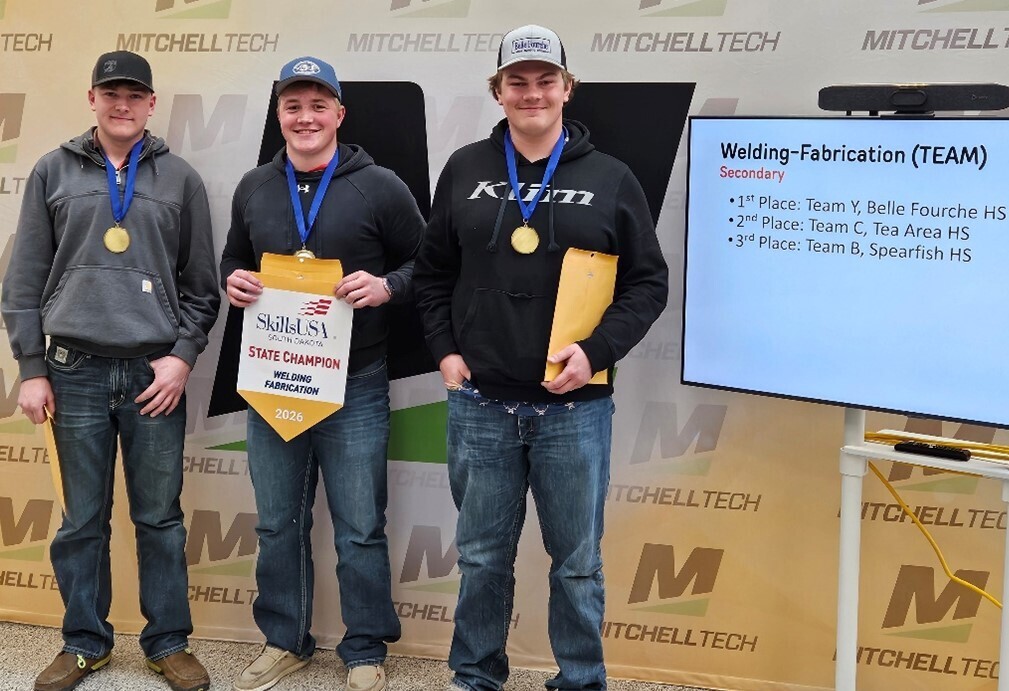 Fabrication Team Tucker Hughes (Senior), Jory Olson (Junior), and Mason Nehl (Senior) (First picture) Awarded 1st place in Welding Fabrication Team 