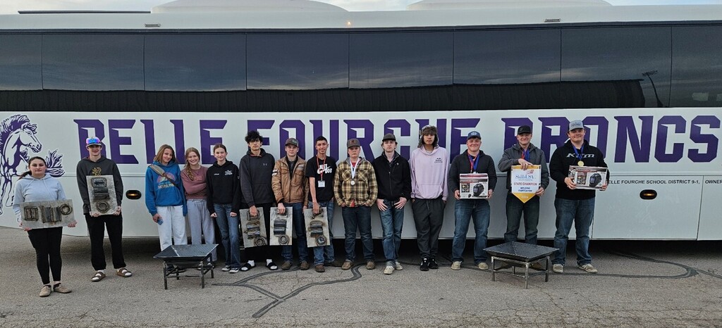 Belle Fourche High School Skills USA participants Alexis Jewett, Makien Browning, Aolani Stone, Abby Clendening, Kate Blair, Johnny Estrada, Conner Crowser, Nathan Hudson, Tyler Hendrickson, Landon Tate, Jaye Hollowhorn, Jory Olson, Tucker Hughes, and Mason Nehl just getting back to Belle Fourche from their competition 