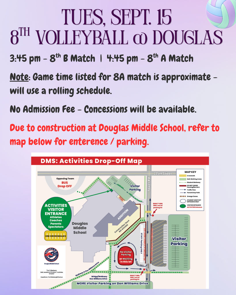 9/15/26 MS Volleyball - 8th @ Douglas - Game Info - 3:45 pm Start Time