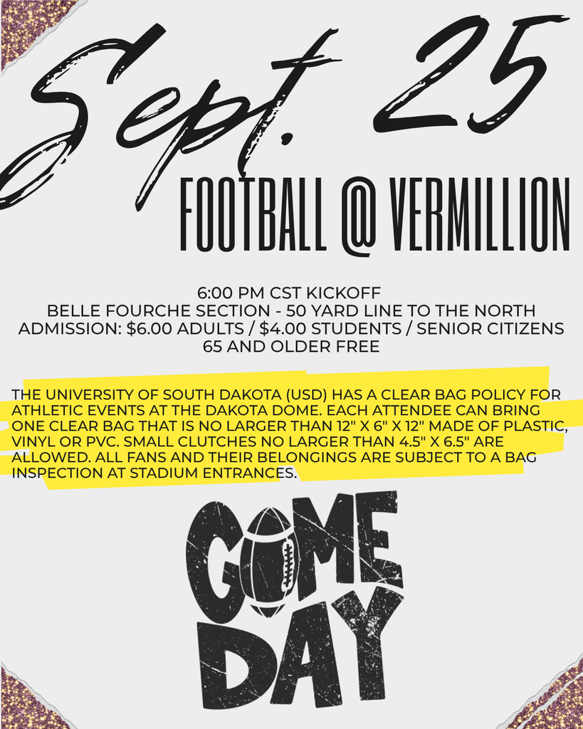 9-25-26 Football at Vermillion 6:00 pm CST Kickoff