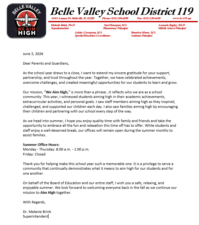 End of Year Letter and Summer Office Hours