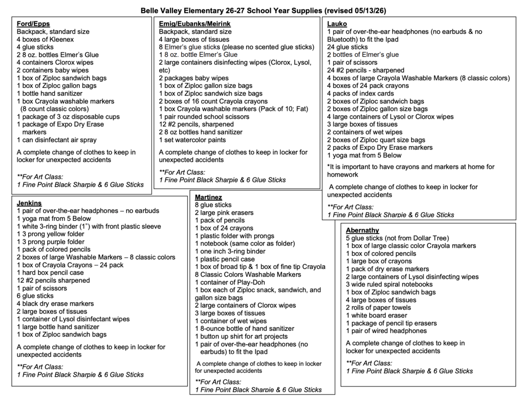 elementary school supplies 2026-2027 Page 1
