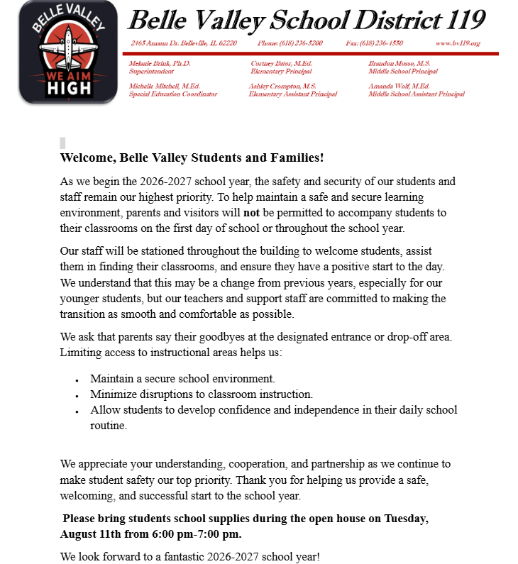 Student and Staff Safety Letter Auguist 2026