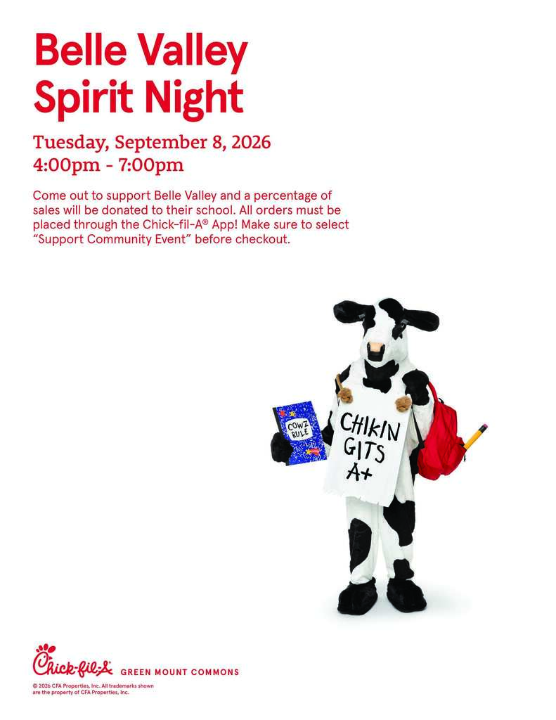 Come out to support Belle Valley and a percentage of sales will be donated to their school. All orders must be placed through the Chick-fil-A® App! Make sure to select “Support Community Event” before checkout.