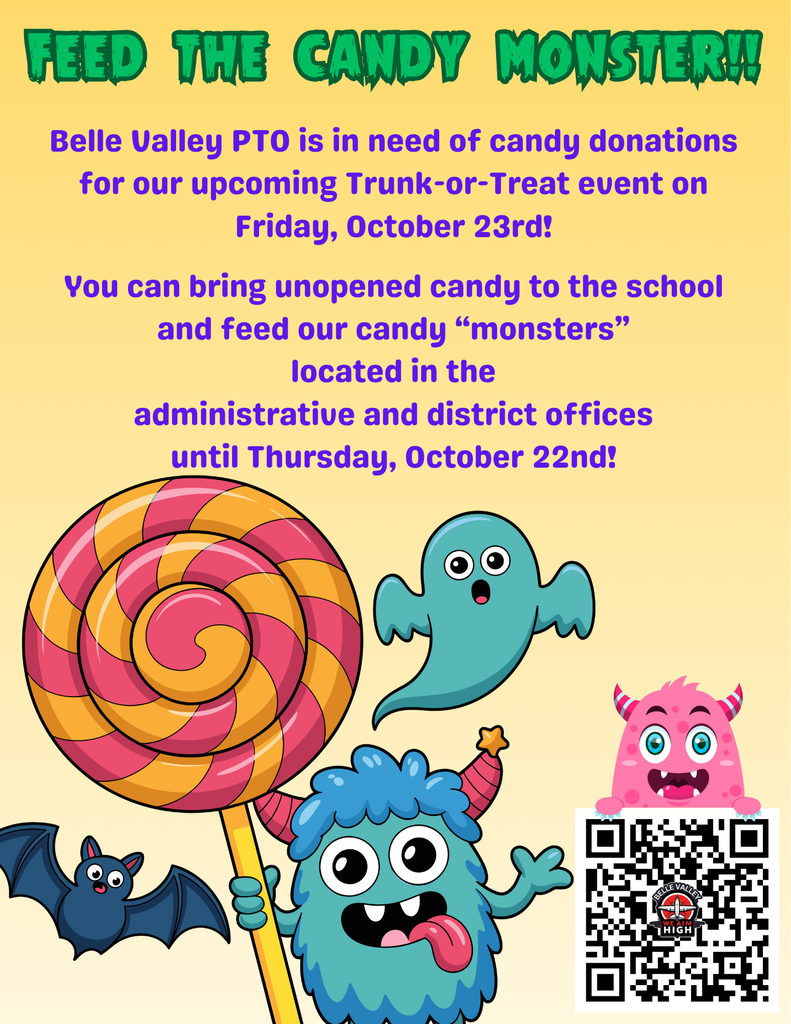 Feed the Candy Monster! We are looking for candy donations for our upcoming Trunk-or-Treat.