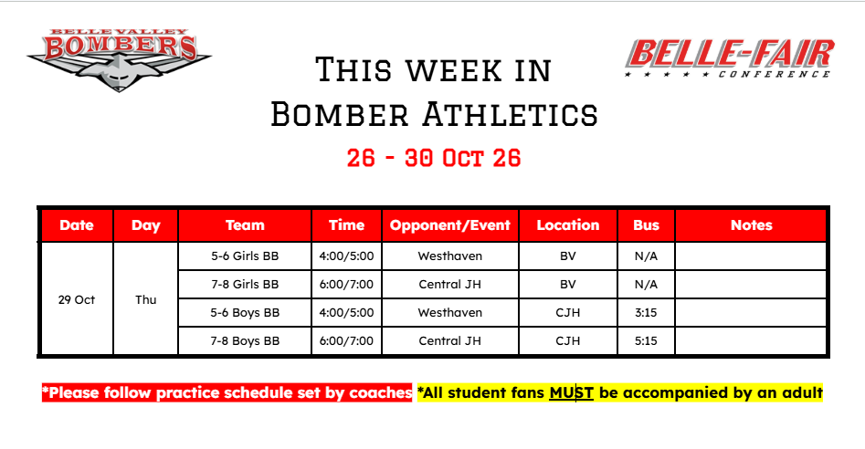 Athletic Schedule 26-30 Oct