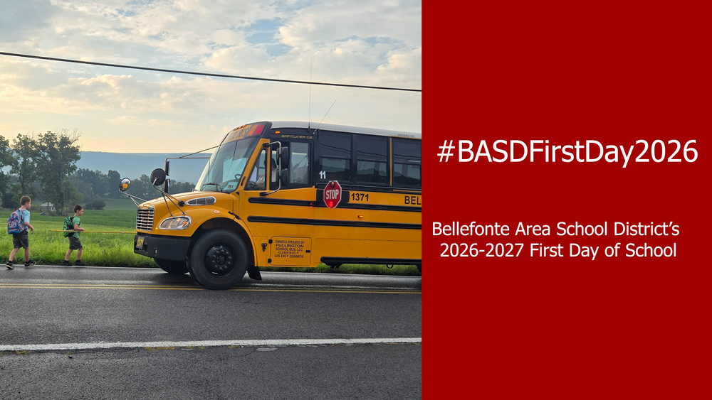 Students getting on a bus and the words #BASDFirstDay2026