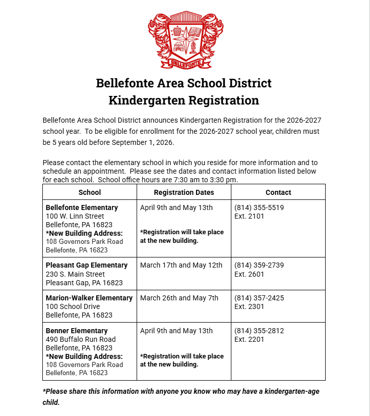 Kindergarten Registration Information for the 2026-2027 School Year