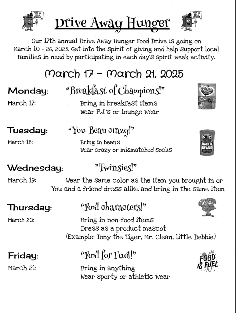 Drive Away Hunger Food Drive Spirit Week - March 17-21, 2025