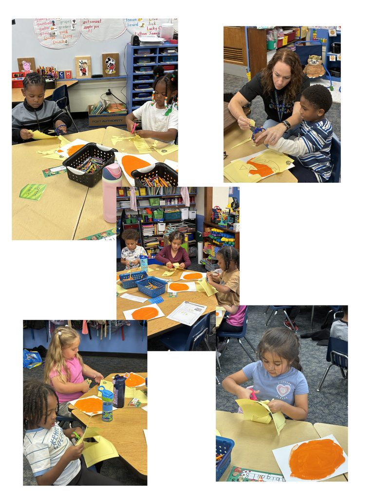 Mrs. Okunola's class is practicing their cutting and gluing skills by making pumpkins for the hallway!