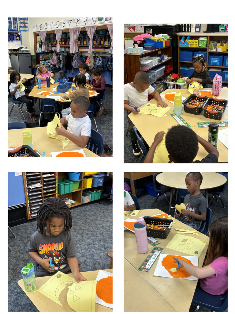 Mrs. Okunola's class is practicing their cutting and gluing skills by making pumpkins for the hallway!
