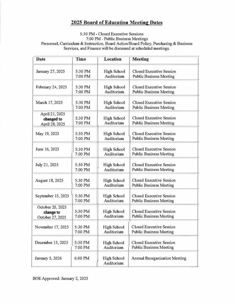 2025 BOE Meeting Date update