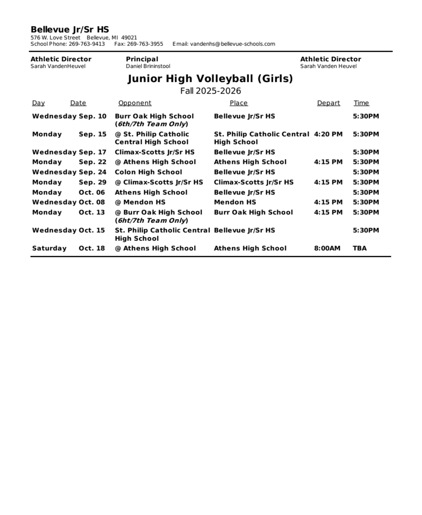 JH volleyball schedule