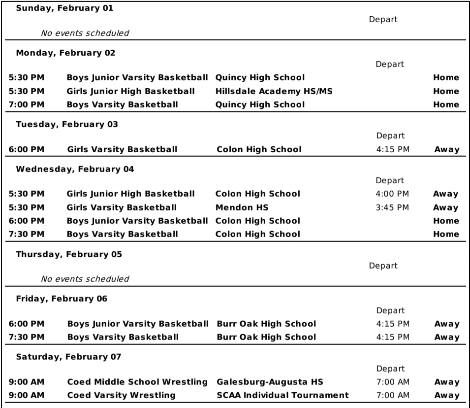 weekly schedule 2/1-2/7