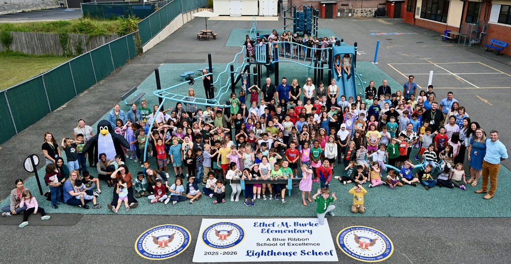 Entire school posing for picture on playground.