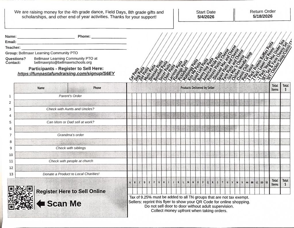 Fun Pasta Order Form