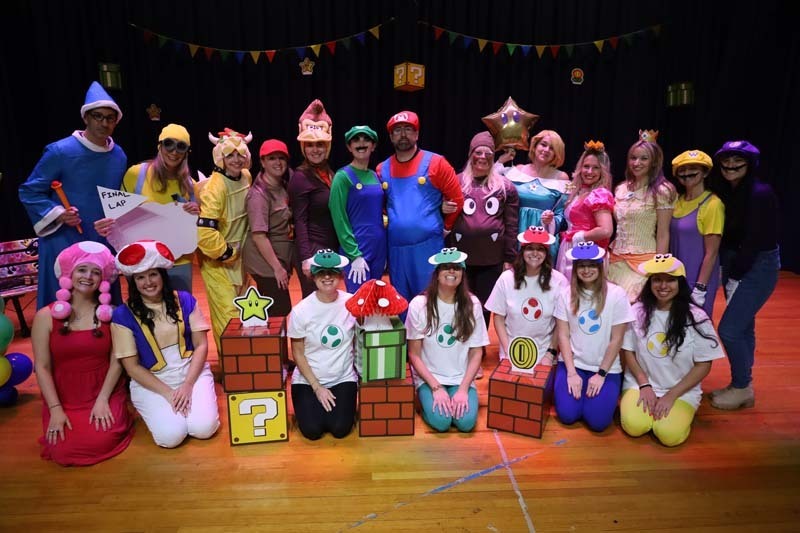 Students and teachers dressed up as various Mario characters.