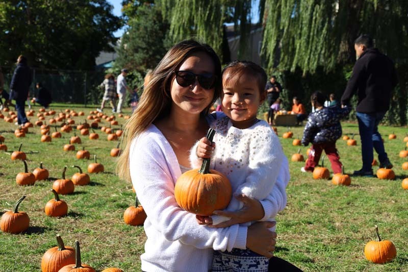 Student and parent picking pumpkins.
