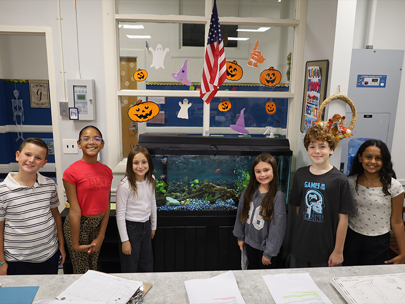 students in classroom by fish tank