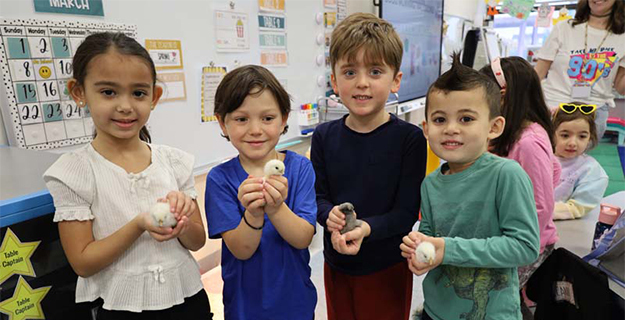 Students holding baby chicks.