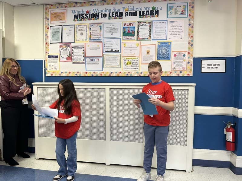 Students dressed in red.