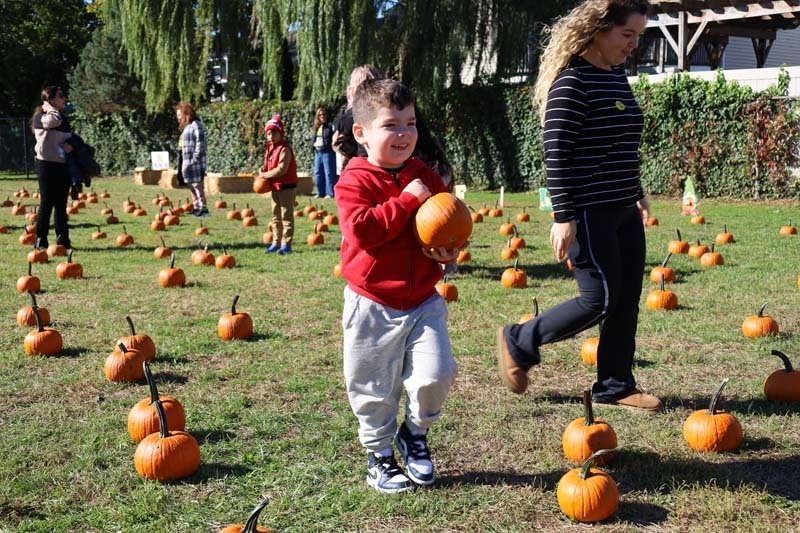 Student holding pumpkin.