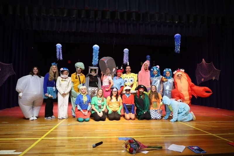 1)	Reinhard Early Childhood Center teachers took on the roles of characters from “SpongeBob SquarePants” at the annual Pep Rally on Oct. 10. 