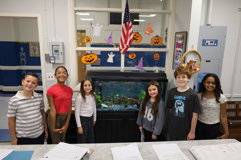 students in classroom with fish tank