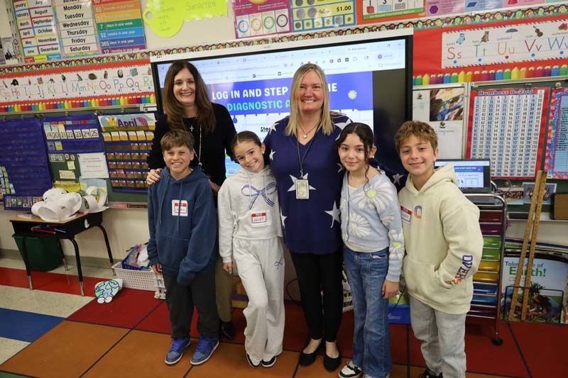5)	Students, now in a fifth grade class taught by Ms. Osterhoudt and Mrs. Padula (pictured), were thrilled to visit their former Reinhard teacher, Mrs. Raniolo.
