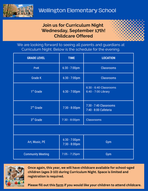 Curriculum Night Sept 17th - Schedule & Childcare Coverage