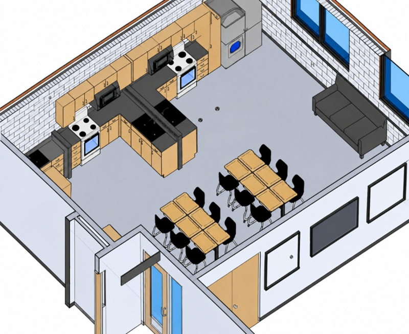 Draft rendering of the Life Skills classroom refined during Design Development.