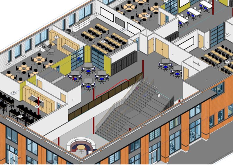 Draft rendering showing 6th grade, collaborative areas and the learning stair.