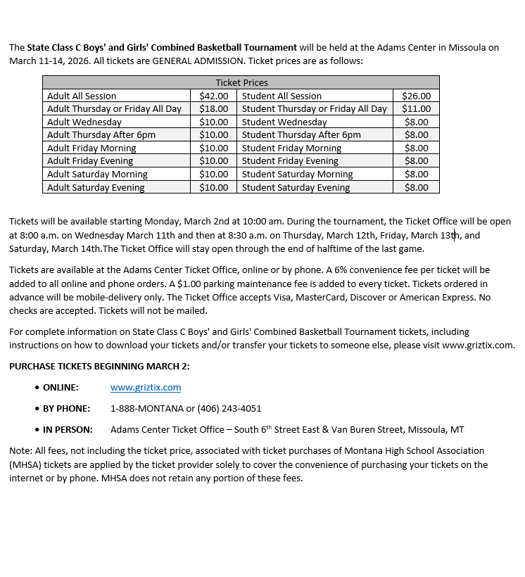 2026 State C Basketball Ticket Prices