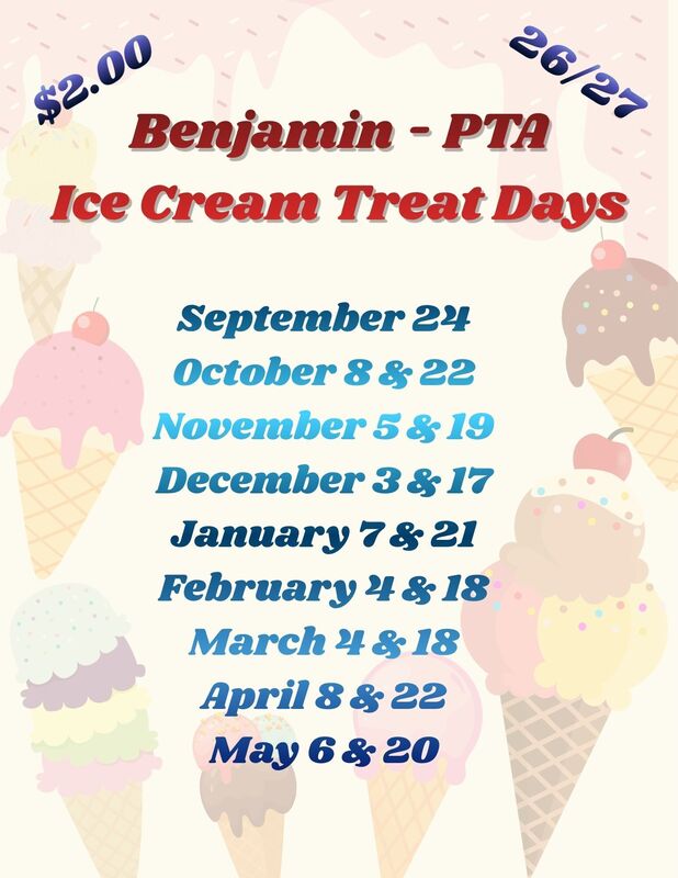 Ice Cream treat day calendar, September 24 October 8 & 22 November 5 & 19 December 3 & 17 January 7 & 21 February 4 & 18 March 4 & 18 April 8 & 22 May 6 & 20