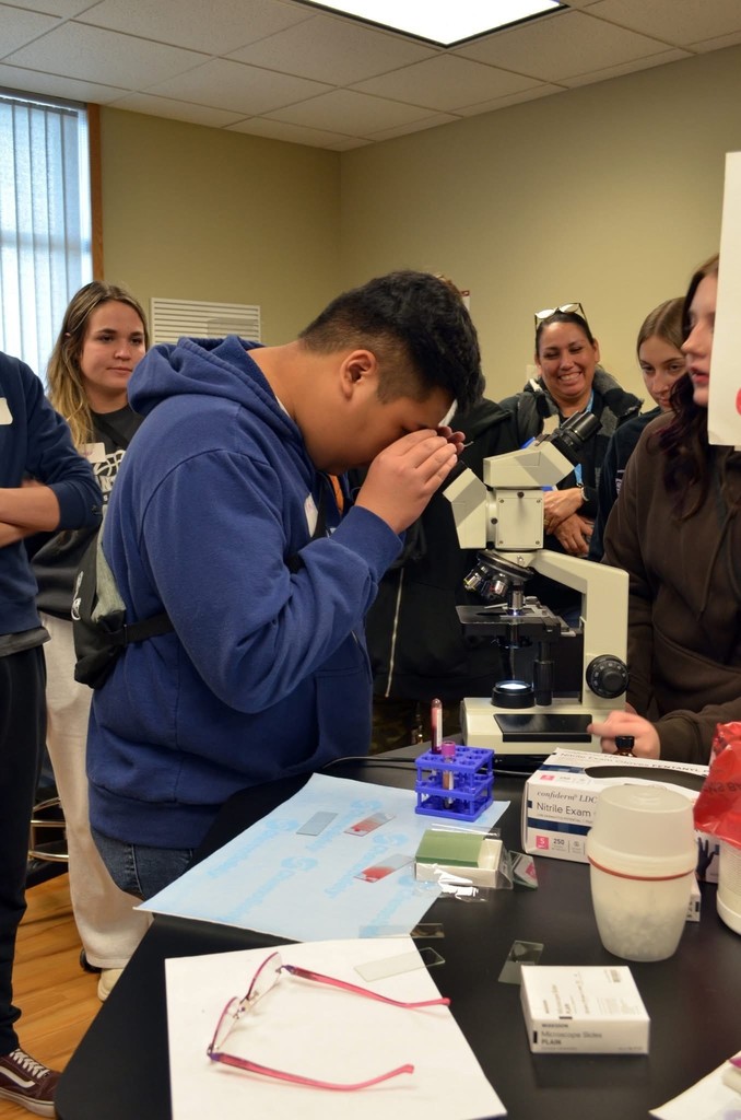 A BCHS Student looking into a microscope.