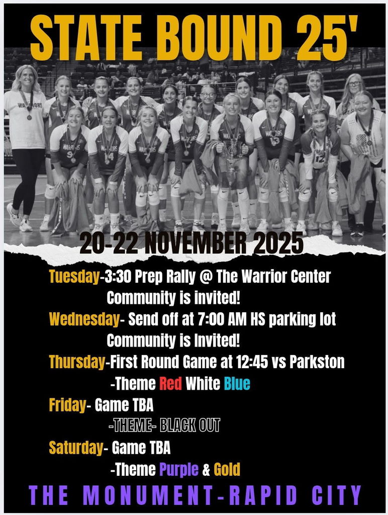 pep rally Tues 3:30, send off Wed. 7:00 a.m. game day dress-up: Thurs. Red, white, and blue, Friday- black, Sat. - purple and gold.