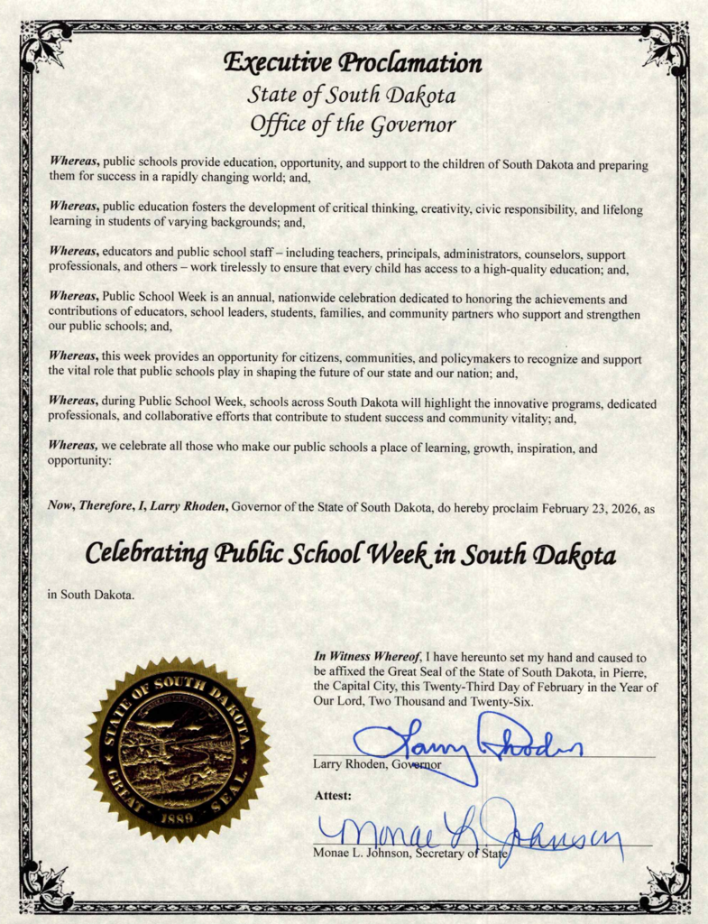 Screenshot of Executive Proclamation for State of South Dakota  for Celebrating Public Education Week in South Dakota