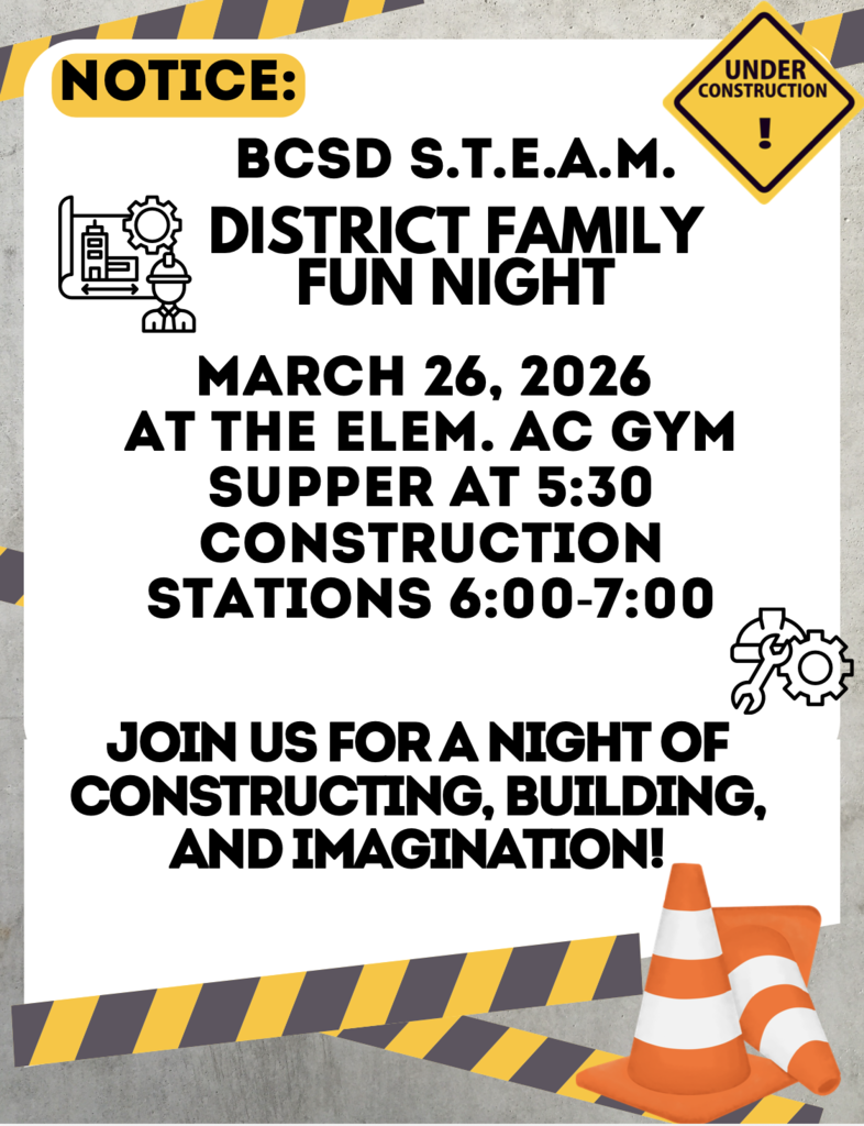 Family fun night flyer. March 26, 2026 Supper at 5:30 Activities from 6:00-7:00