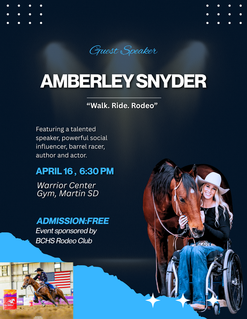 Amberley Snyder--inspirational speaker on April 16, 2026  at the Warrior Center Gym.  Free Admission