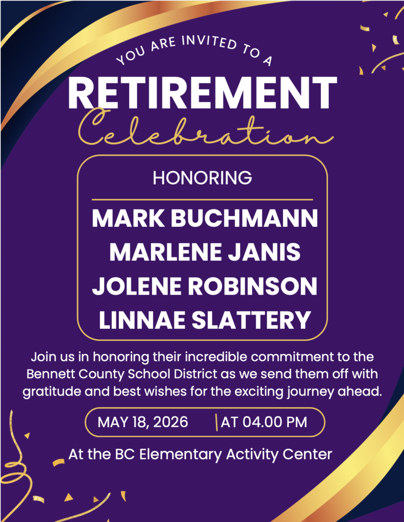 Retirement Celebration for Mark Buchmann, Marlene Janis, Jolene Robinson, Linnay Slattery on May 18 at 4:00 at the AC.