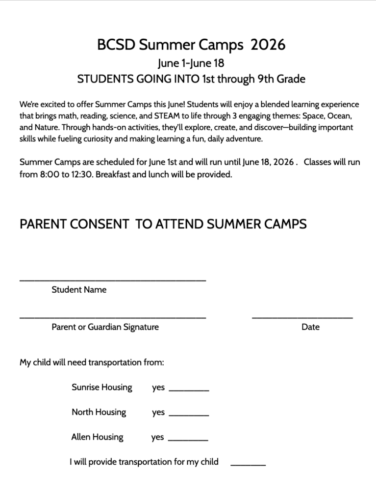 Summer school flyer and sign up form