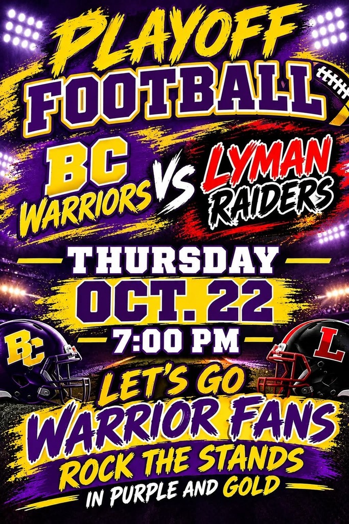FB Playoffs: Thurs., Oct. 22, 7:00 PM Wear purple and gold!